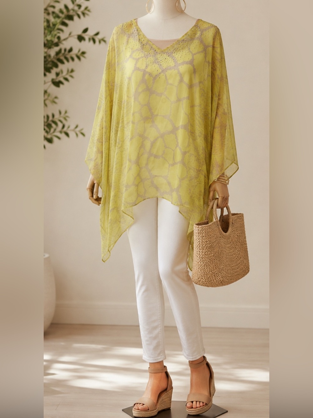 NY Collection Light Yellow Sheer V-Neck Studded Tunic Poncho Size 1X